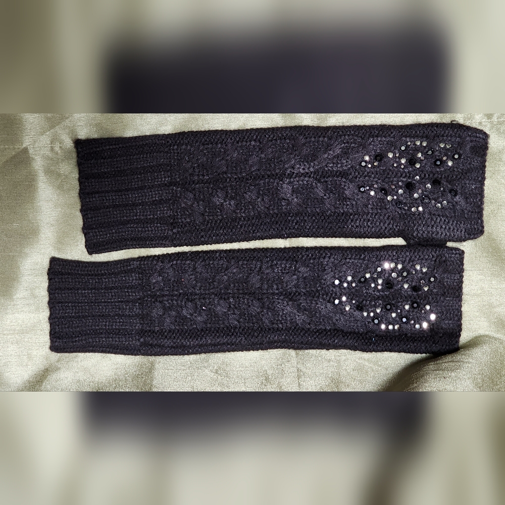 Elegant Black Knit Arm Warmers with Rhinestone Accents